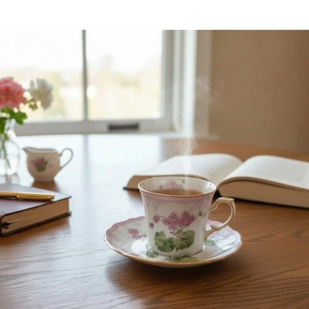 Seltmann Weiden Bavaria Geranium Tea Cup Saucer Set Pink Floral Gold Gilt‎ Trim